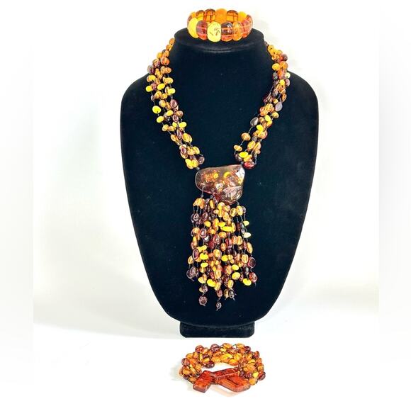 Vintage 90’s Amber Beaded Multi Strand Necklace With Medallion And Bracelets - Picture 1 of 8